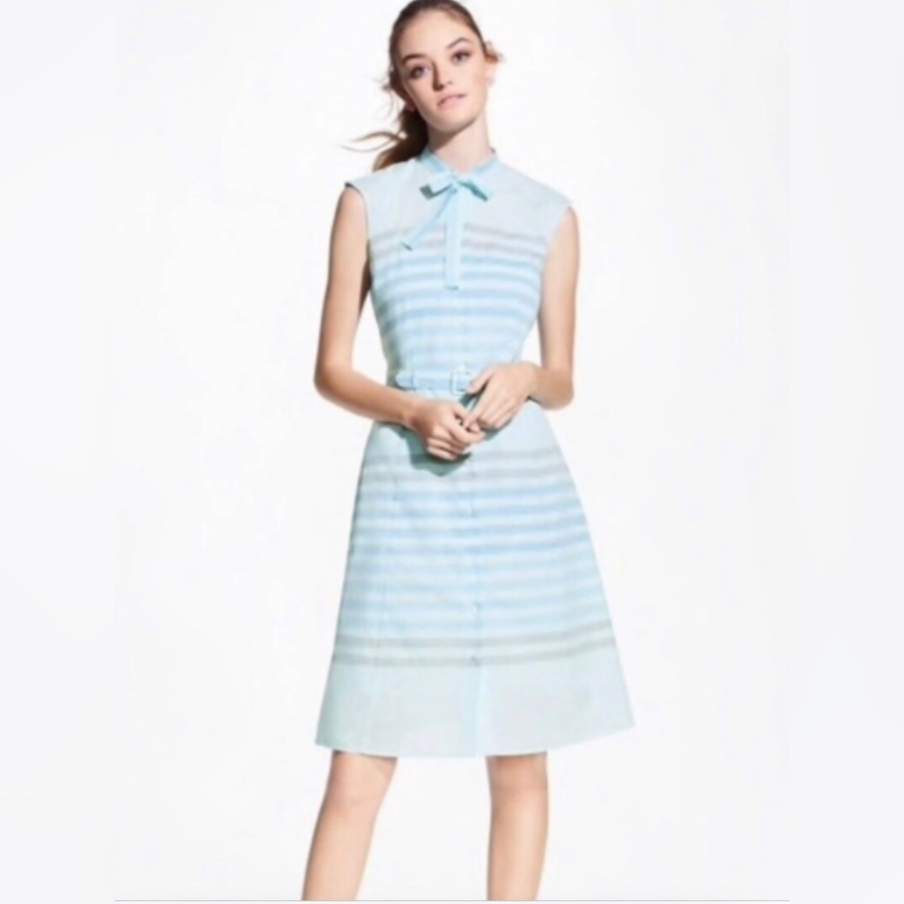 NWT [$198] Brooks Brothers Blue and Grey Dress with Belt and bow at neck.